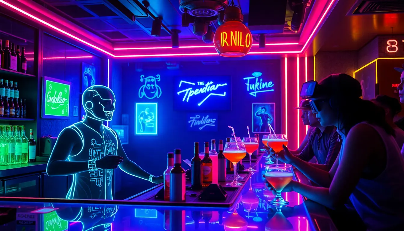 A cyberpunk-style bar with holographic bartenders, neon drinks glowing in the dark, and futuristic p...