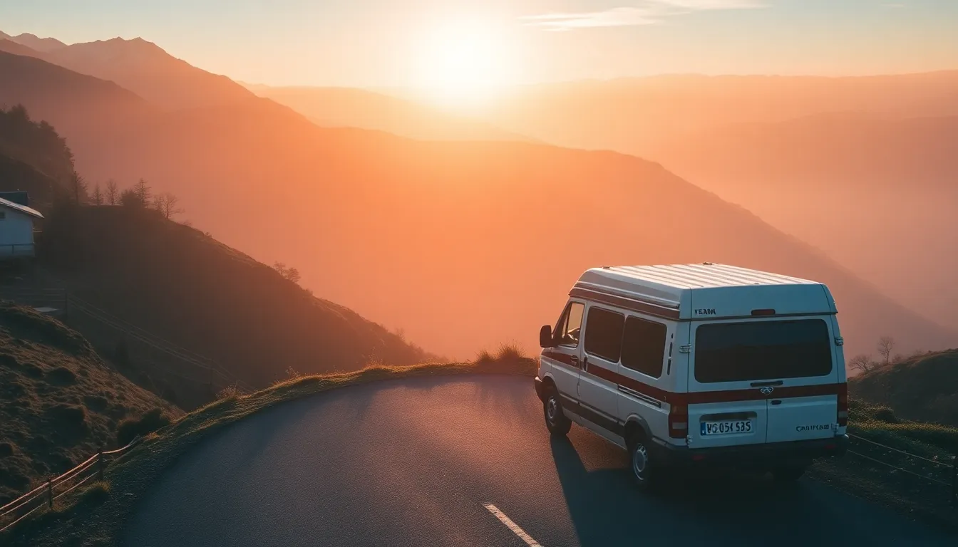 Aerial sunrise view of a compact campervan parked on a quiet mountain road, golden morning light str...