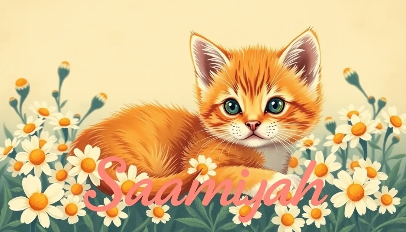 A retro-inspired vintage postcard illustration of an orange tabby kitten nestled in daisy-like bloss...