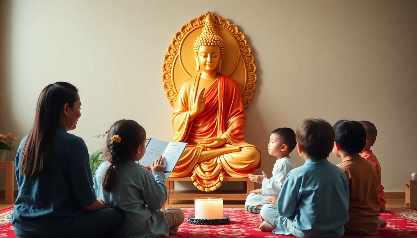 children dharmma class lady teacher telling story to children, backgroud is buddha image