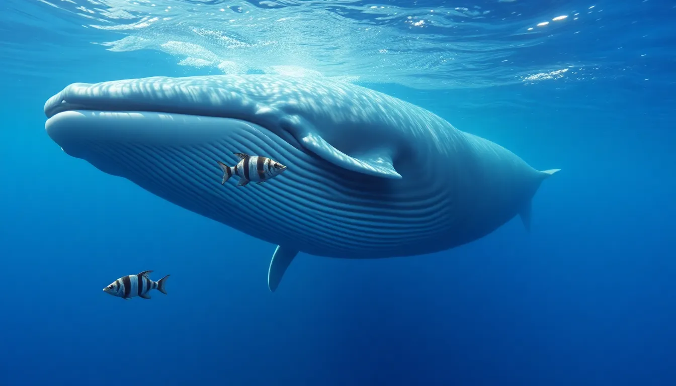 "Create an underwater scene showcasing the majestic underside of a whale, with its massive body and ...