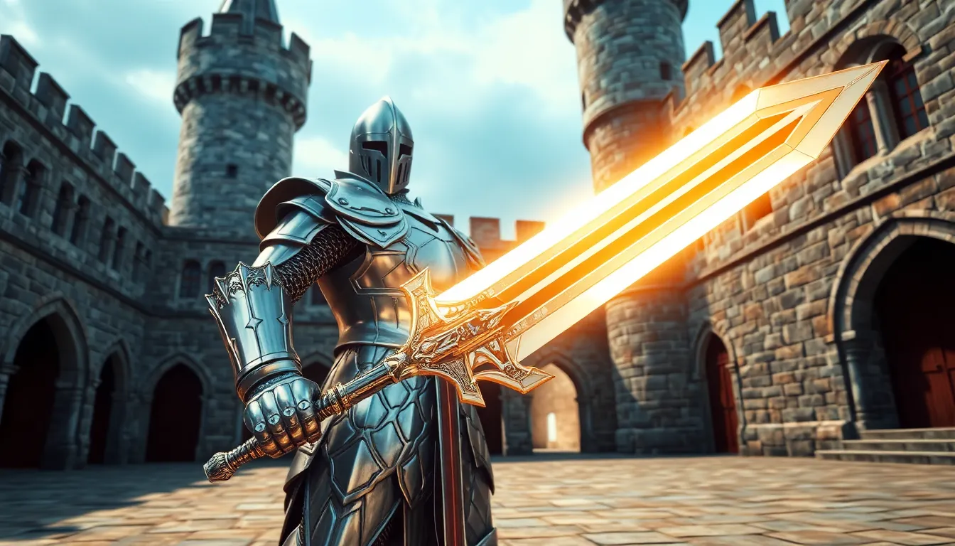 A heroic knight in silver armor holding a glowing sword, standing in a medieval castle courtyard.