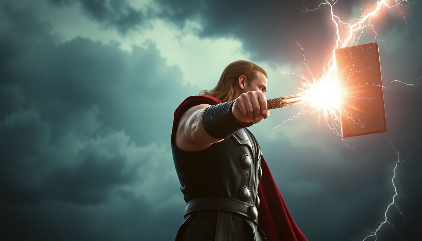 A cinematic, ultra-realistic scene in 9:16 aspect ratio. The character Thor, with the face of Chris ...