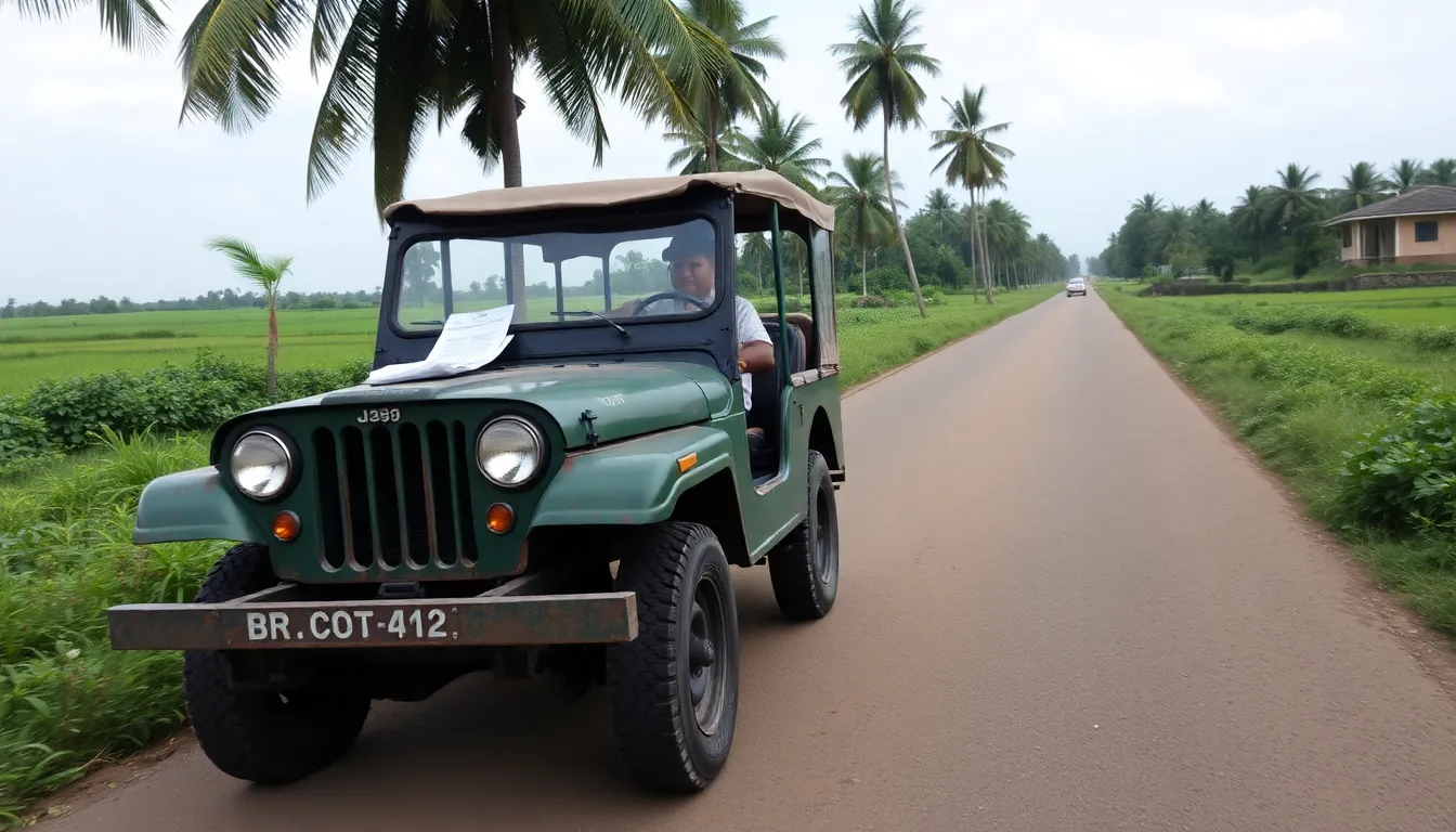 "A jeep is distributing notices in an old Kerala village.
