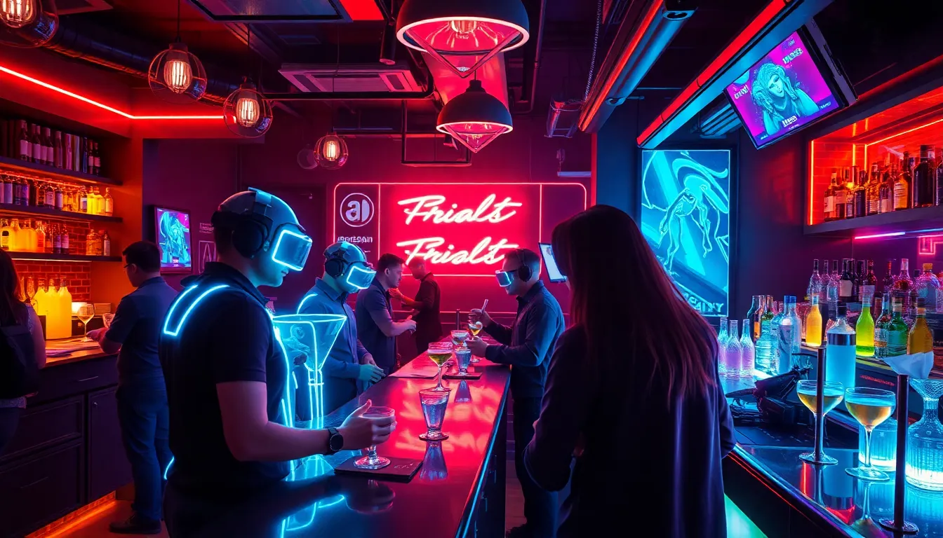 A cyberpunk-style bar with holographic bartenders, neon drinks glowing in the dark, and futuristic p...