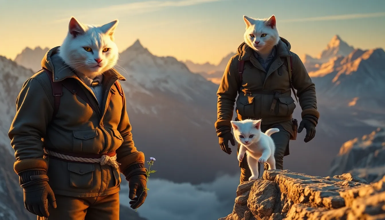 A Himalayan mountain range under golden sunset, icy jagged peaks.
A father character with a full adu...