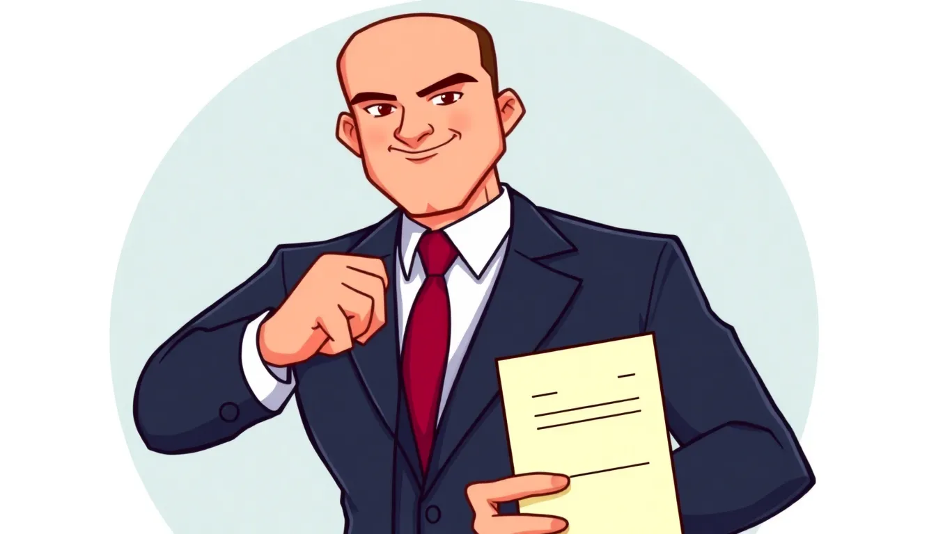 Cartoon portrait of confident businessman in sharp suit holding contract, slight smirk, upper body, ...