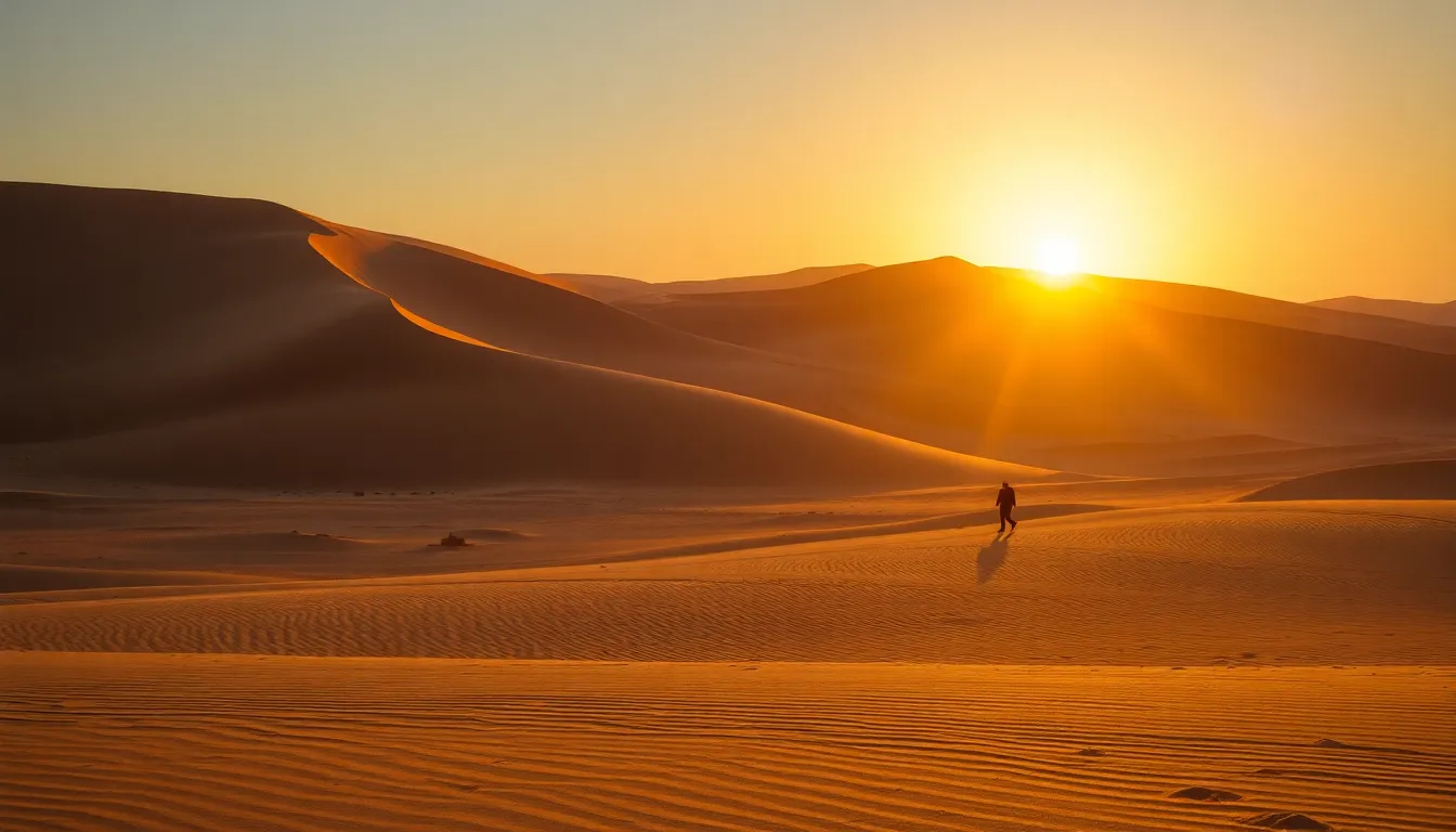 A desert landscape with massive sand dunes, a sett...