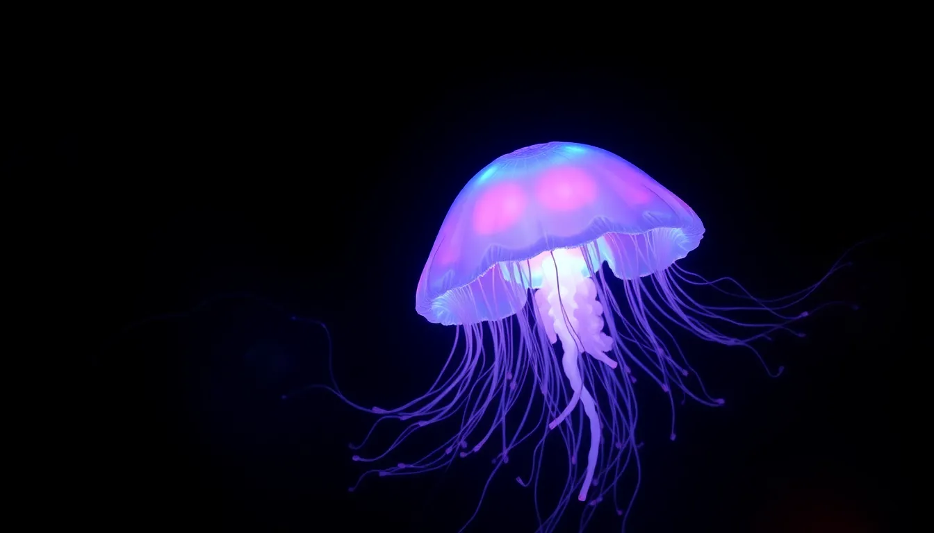 A luminous jellyfish-like creature floating in spa...