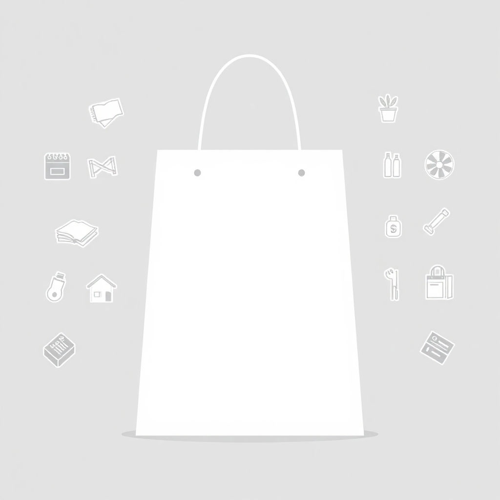 A blank shopping bag with only single lines outlining the icons of essential items.