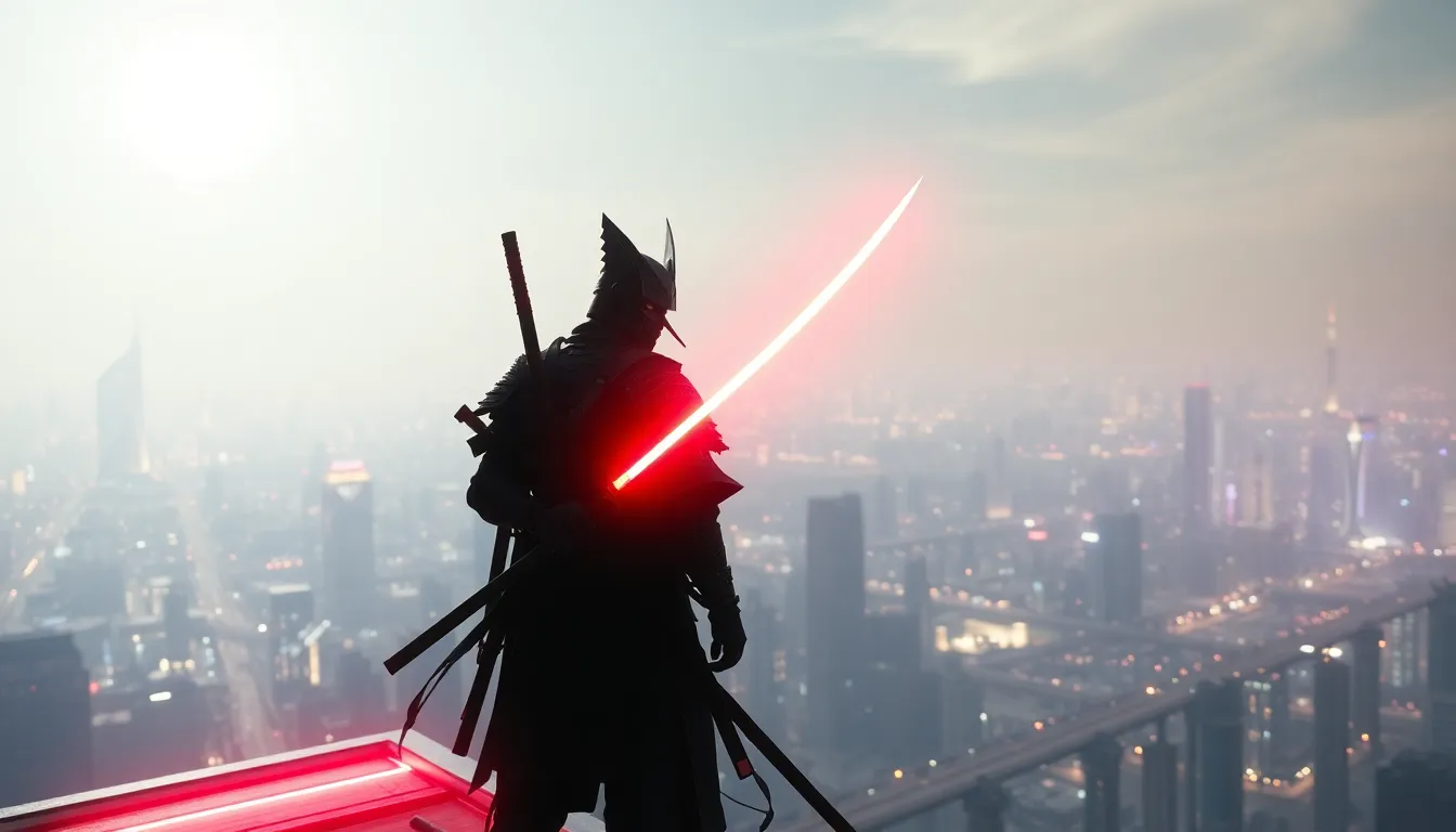 A cyberpunk samurai standing on a neon-lit rooftop...