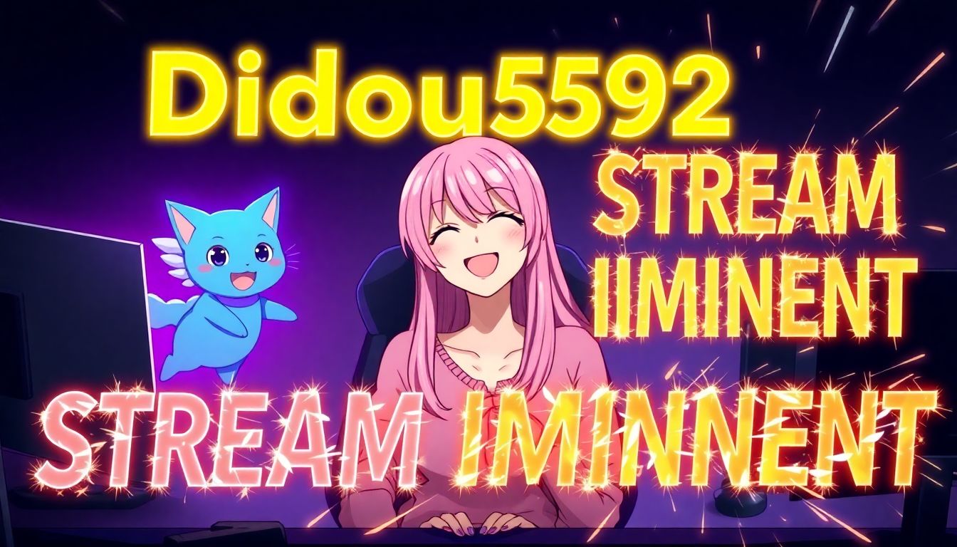 "A pink-haired female streamer sitting in front of her gaming setup, smiling with excitement. Behind...