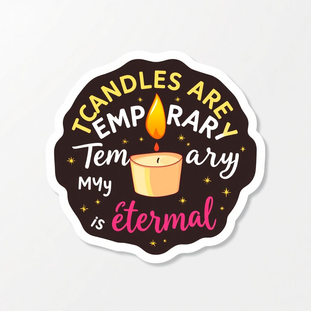Create a fun, stylish sticker design for candles featuring the phrase "Candles Are Temporary, My Awe...