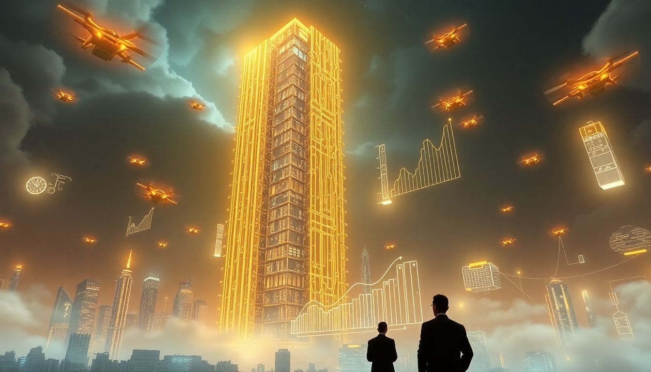 “A futuristic digital landscape showing a tall golden skyscraper shaped like a brain, glowing with e...