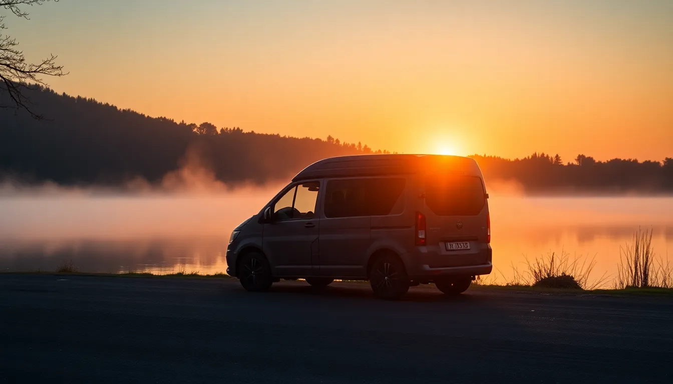 A cinematic 16:9 shot of a compact luxury camperva... A cinematic 16:9 shot of a compact luxury camperva...