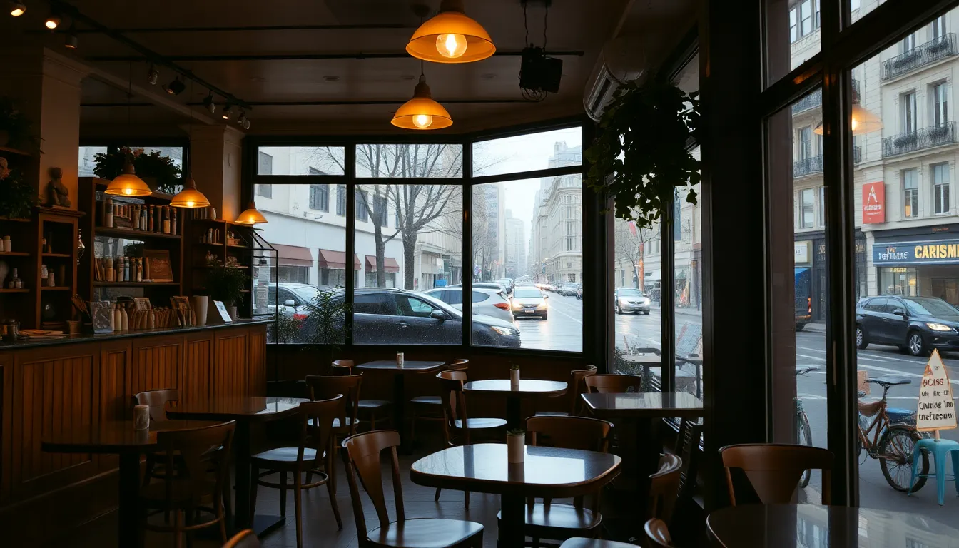 A cozy café with warm lighting, wooden furniture, ...