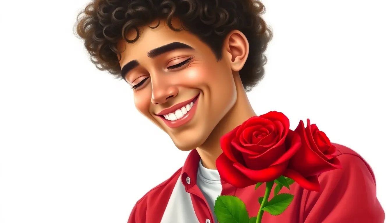 funny caricatureyoung man with curly hair smiling ...