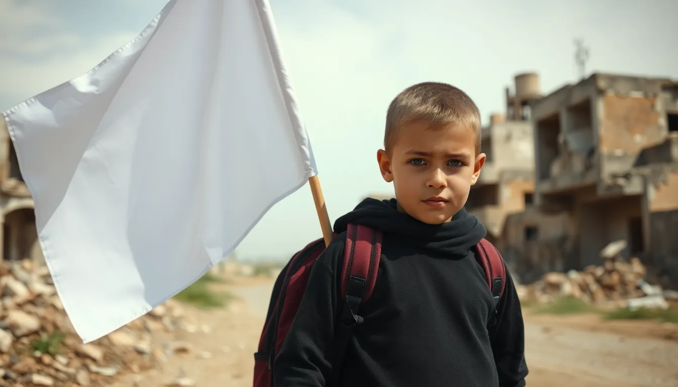 A child from Gaza wearing black and a maroon backp...