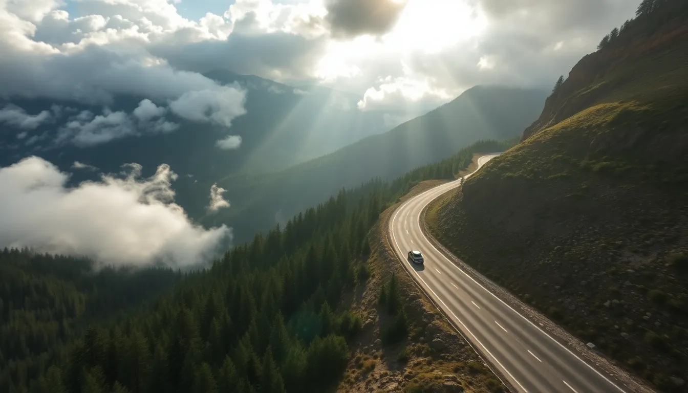 An aerial shot of a Hobby OnTour 640 ET driving through winding mountain roads, pine forests below, ... An aerial shot of a Hobby OnTour 640 ET driving through winding mountain roads, pine forests below, ...