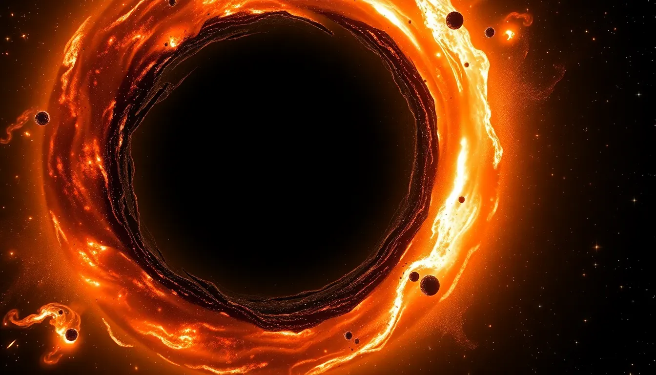 A black hole tearing apart a star, with glowing gas and debris spiraling into the darkness.