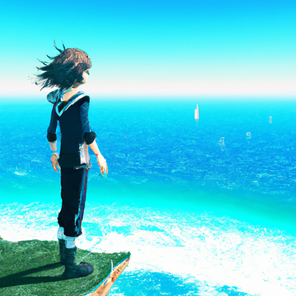 A young anime adventurer standing on a cliff, looking out over a vast ocean with flying whales in th...