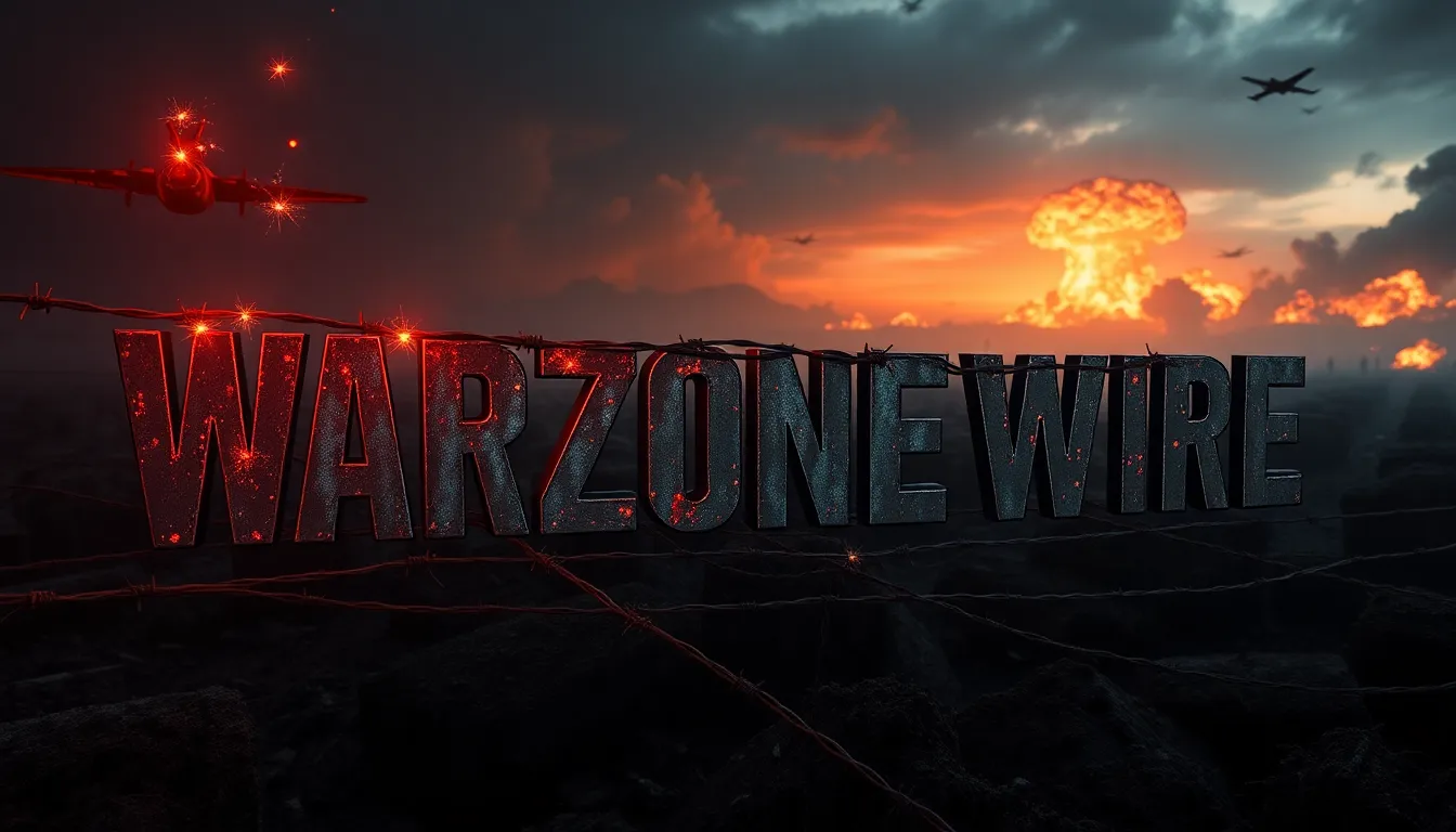 Epic cinematic banner of a vast WW2 warzone at night: foreground shows rusted barbed wire fences tan... Epic cinematic banner of a vast WW2 warzone at night: foreground shows rusted barbed wire fences tan...