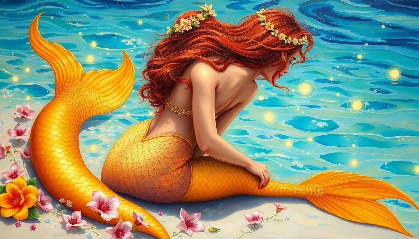 Beautiful golden mermaid sitting on the beach, burgundy hair, plump , golden mermaid tail, long merm...
