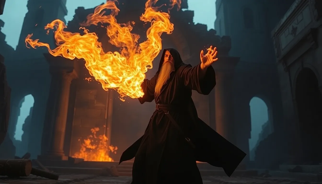 A mage in a dark robe, casting a powerful fire spell in a ruined temple. A mage in a dark robe, casting a powerful fire spell in a ruined temple.