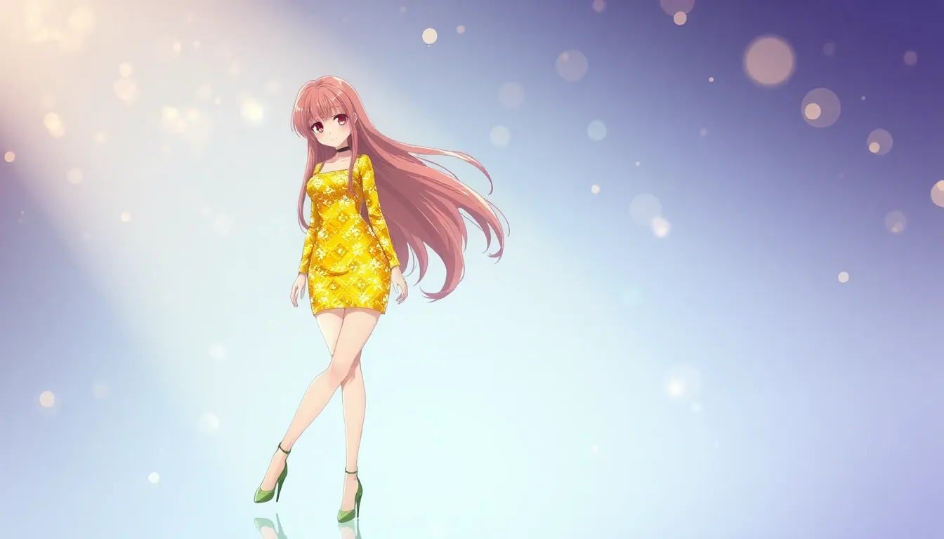 long hair 2D anime girl wearing yellow sequin long sleeve bodycon mini dress with high heels
