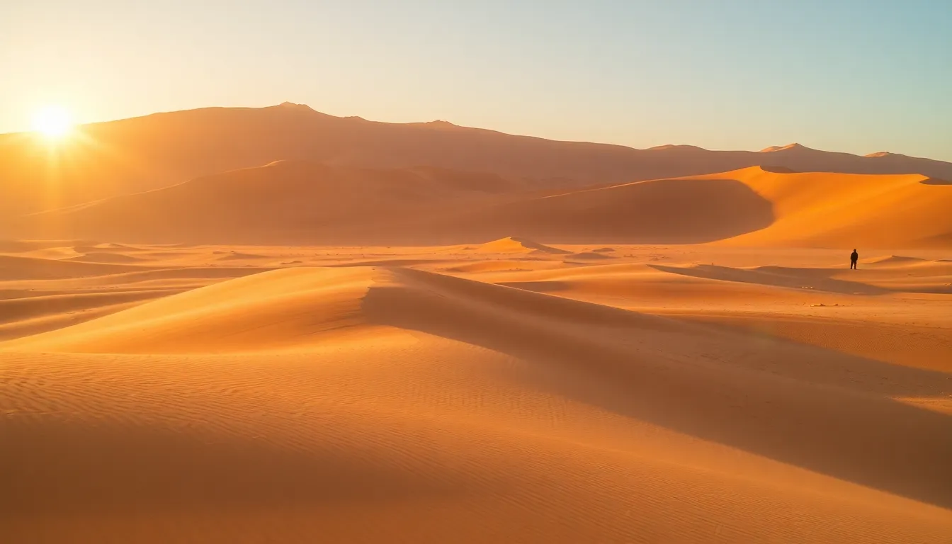 A desert landscape with massive sand dunes, a setting sun casting long shadows, and a lone traveler ...