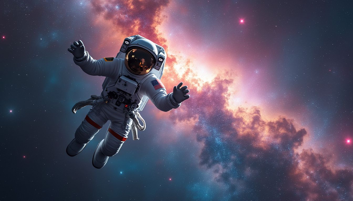 An astronaut floating near a colorful nebula, with...