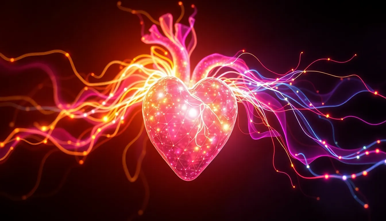 A pulsating heart made of light and energy, with c...