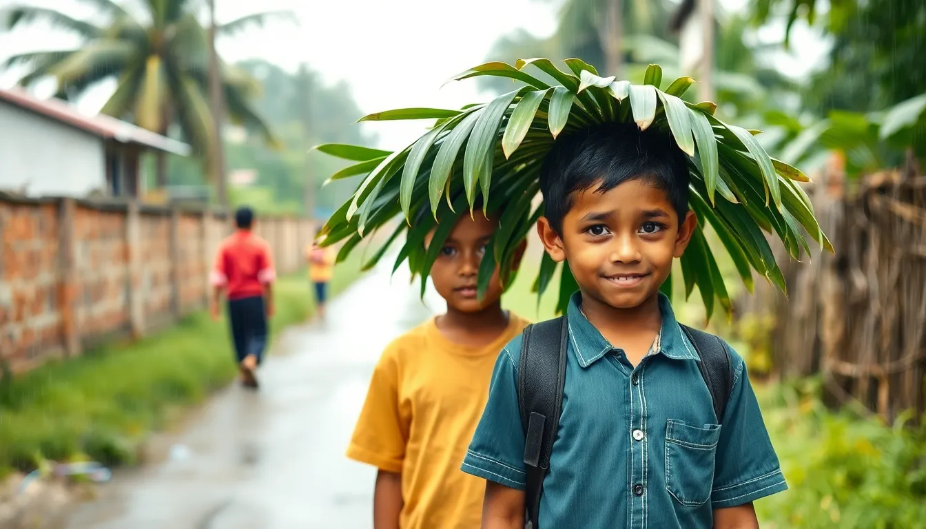 Two 10 years old cute boy coming from school during the rain through a village road covering their h...