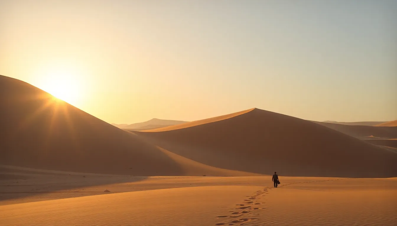 A desert landscape with massive sand dunes, a setting sun casting long shadows, and a lone traveler ...