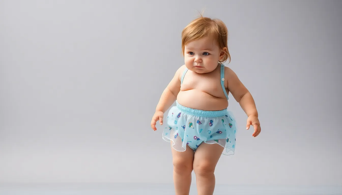 Little girl, chubby, slightly chubby, wearing swimming trunks, advanced development translucent dres...