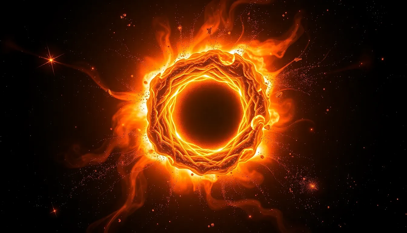 A black hole tearing apart a star, with glowing gas and debris spiraling into the darkness.