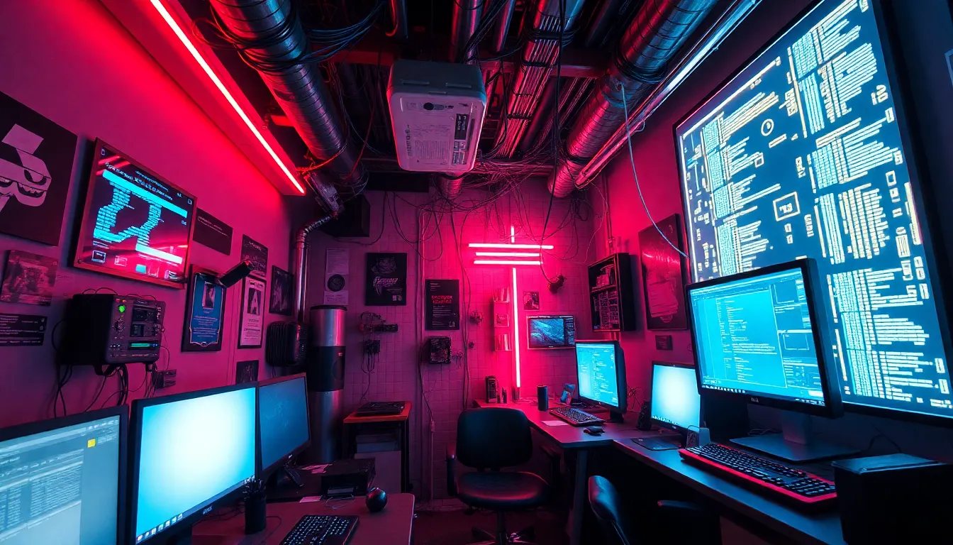 A high-tech cyberpunk hacker's room with glowing computer screens, wires hanging from the ceiling, a...