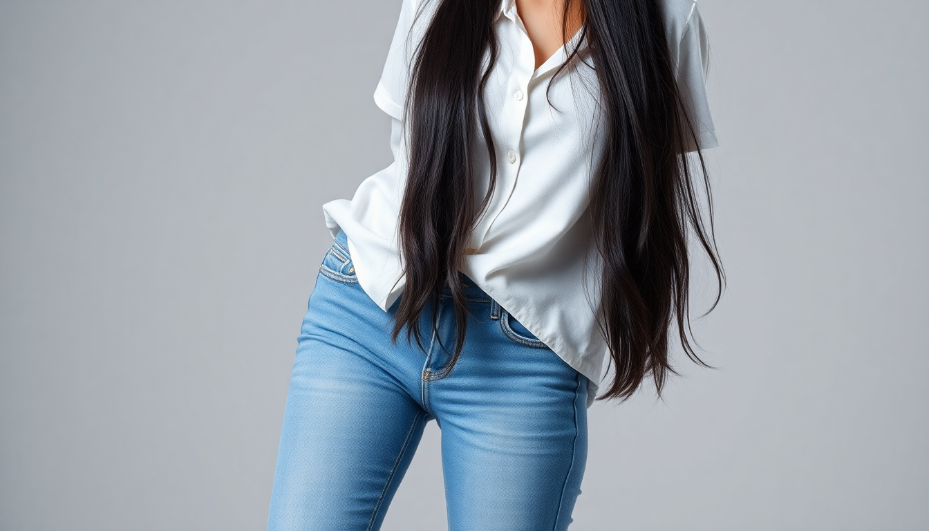 Skinny jeans, white shirt, pure girl，Long black hair, full body shot,