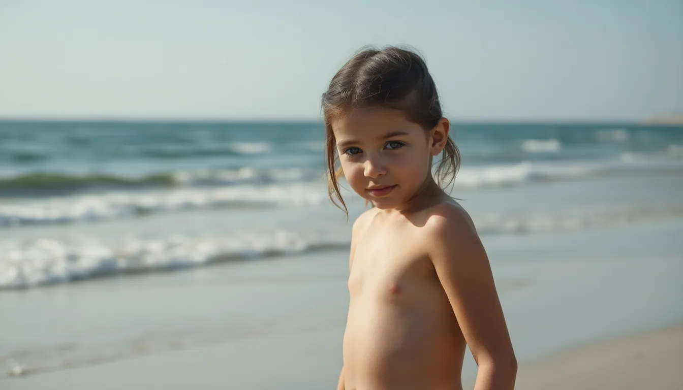 Niña de 8 años totalmente desnuda en la playa  agarrando el pene de su padre 