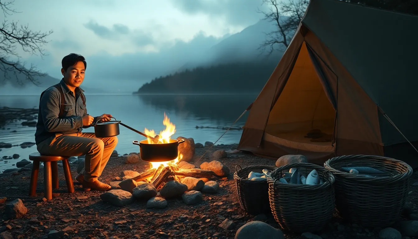 A hyper-realistic twilight scene shows an Asian man in his early 30s sitting on a stool by a campfir...