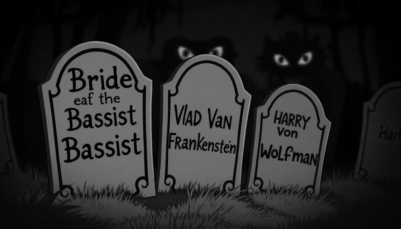A black and white picture of an animated spooky gothic cemetery with three headstones in the foregro...