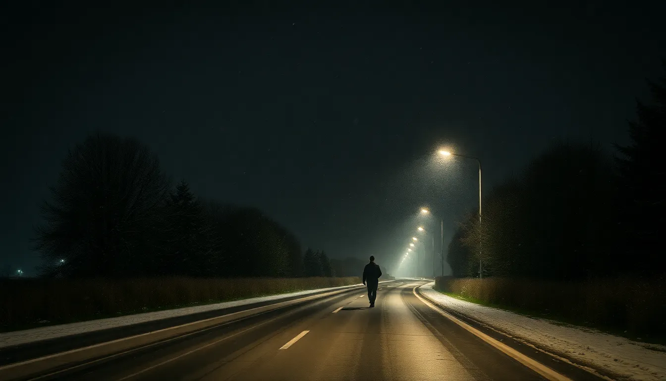 I was walking alone on the road on a night when snow was swirling in the air.