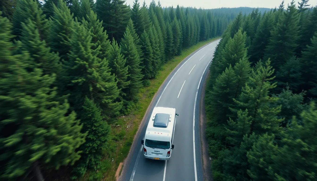 Aerial Forest Drive: Drone-style aerial shot of th... Aerial Forest Drive: Drone-style aerial shot of th...