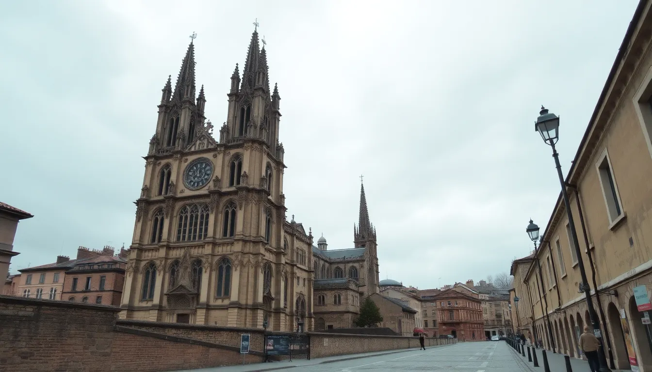 An ancient city with stone-paved streets, towering gothic cathedrals, and an overcast sky.