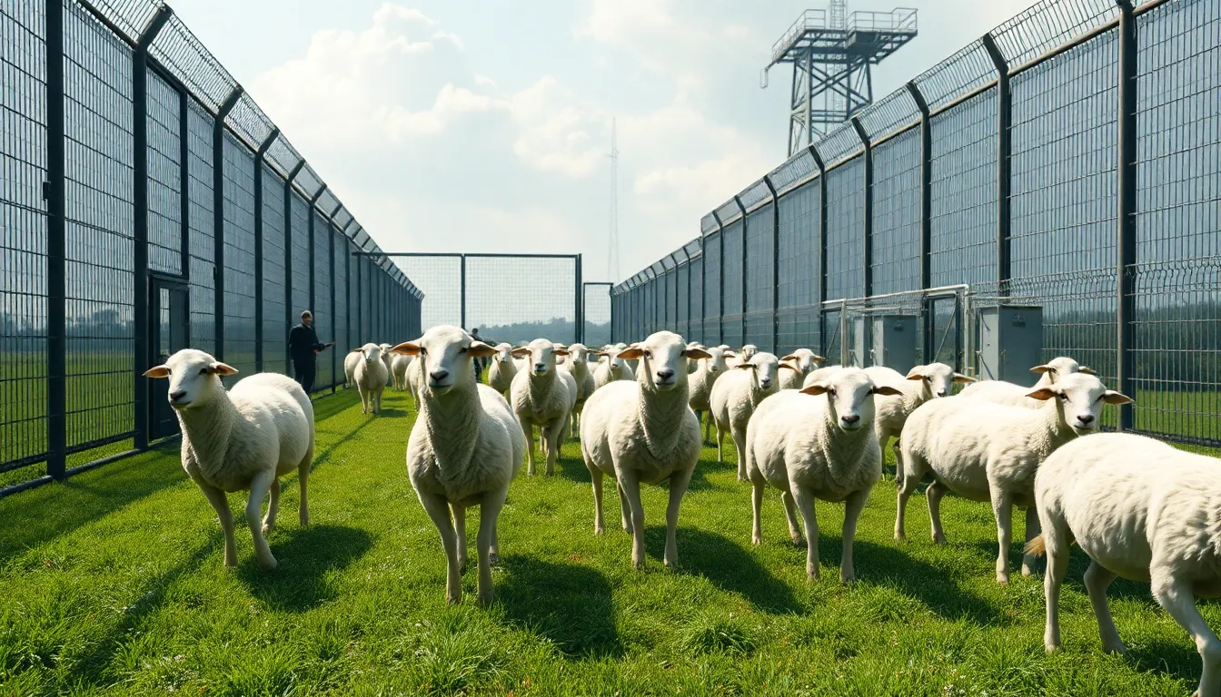 Subject: Anthropomorphic sheep farm in a high-security isolated area  
Description: A surreal farm p...