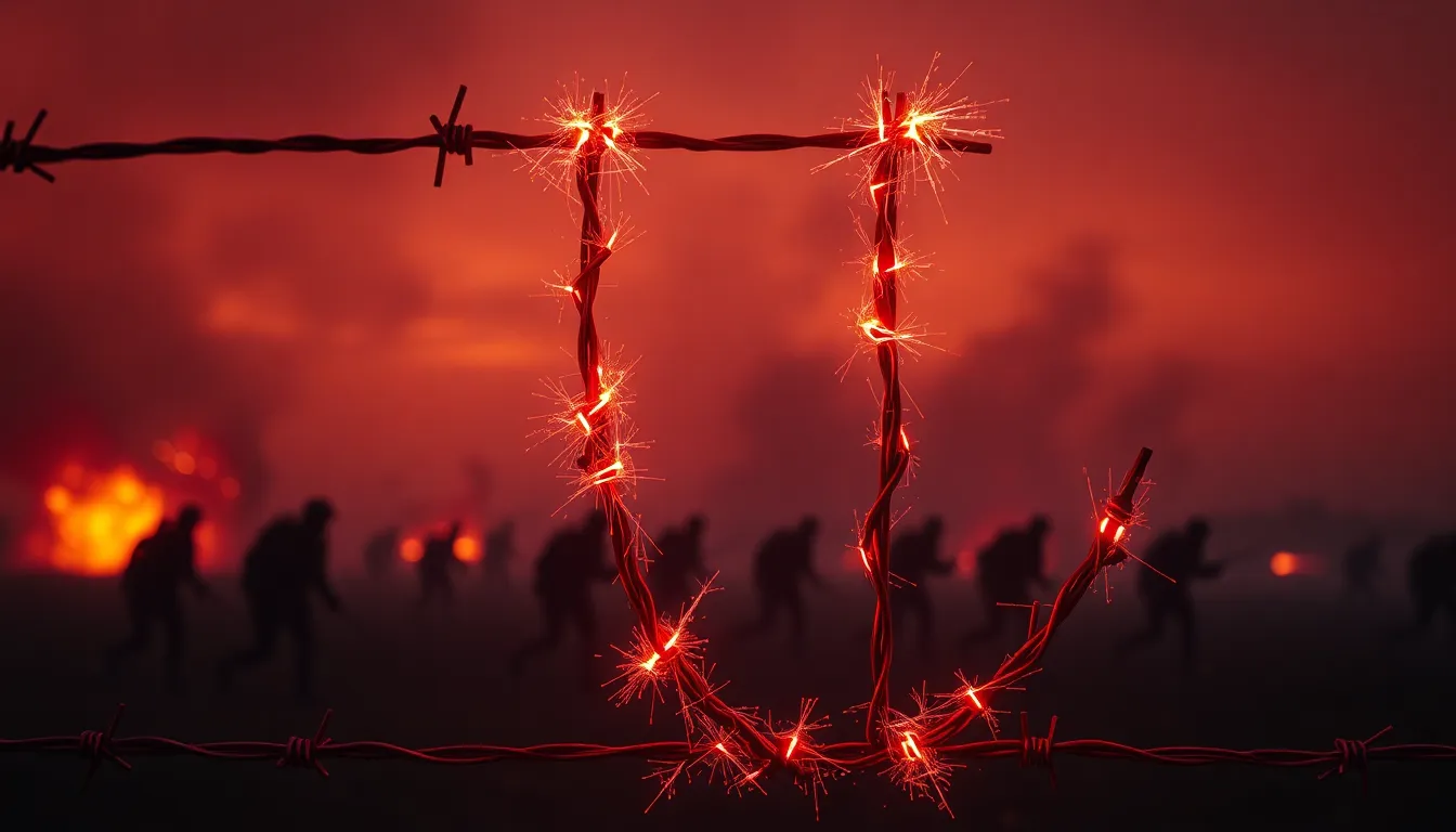 A hyper-realistic close-up of a coiled barbed wire antenna shaped like a "W", glowing with red stati...