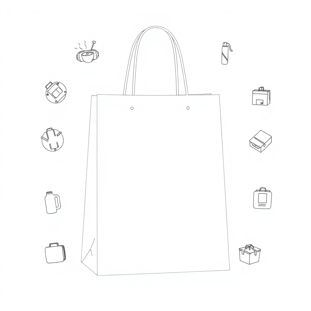 A blank shopping bag with only single lines outlining the icons of essential items.