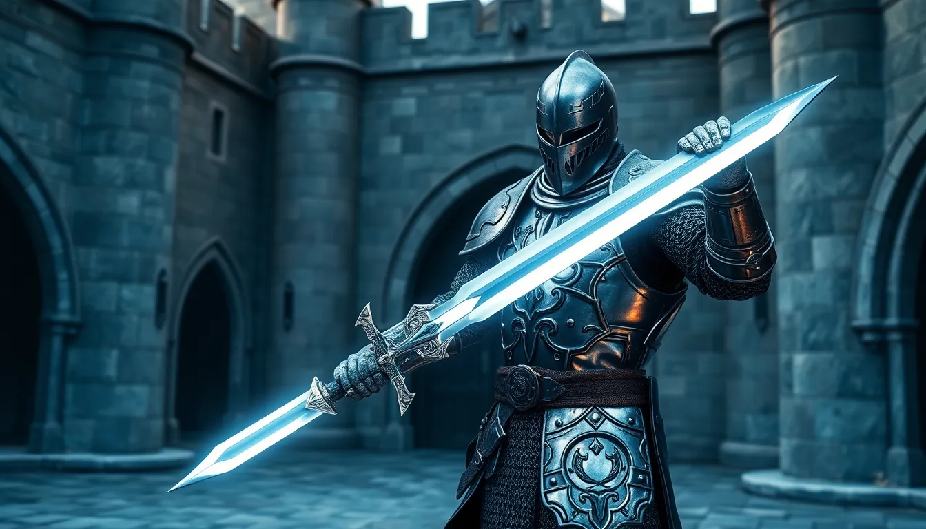 A heroic knight in silver armor holding a glowing sword, standing in a medieval castle courtyard.