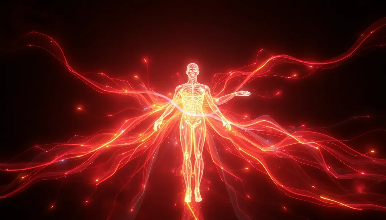 A luminous figure made entirely of light beams, gl...