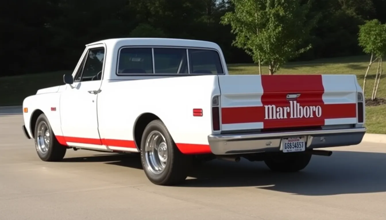 1968 c10 chevy truck with a duck tail spoiler and marlboro f1 car design from front top side view. p...